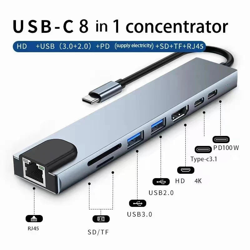 محول USB 8 في 1 مع شحن سريع