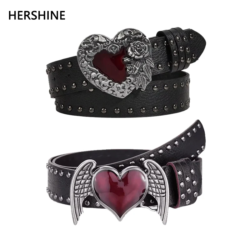 Heart-Shaped Leather Belt with Rivets