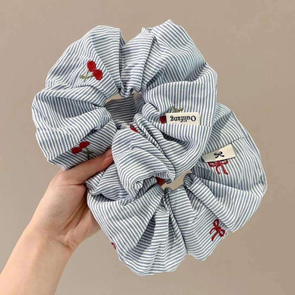 Korean Blue Striped Cherry Bow Scrunchies