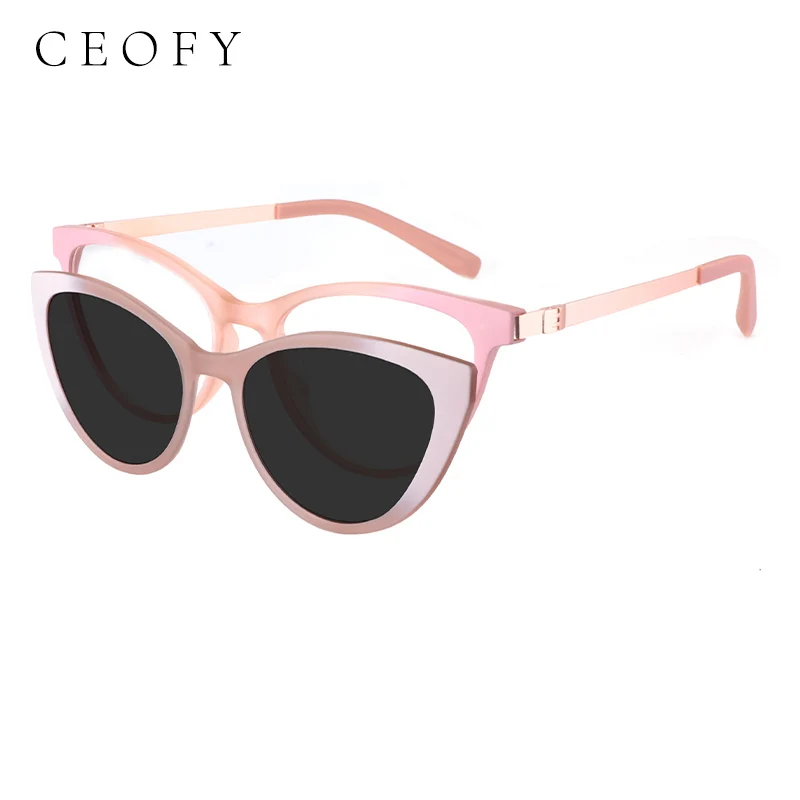 Ceofy Cat Eye Optical Glasses with Clip-On Sunglasses