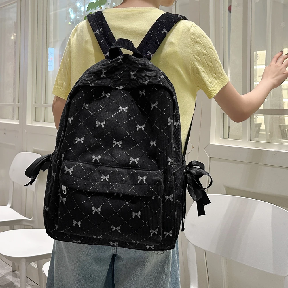 Stylish Corduroy Bow Backpack for Students