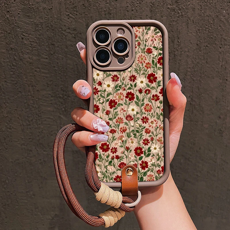 Cute Flower Pattern Phone Case with Lanyard