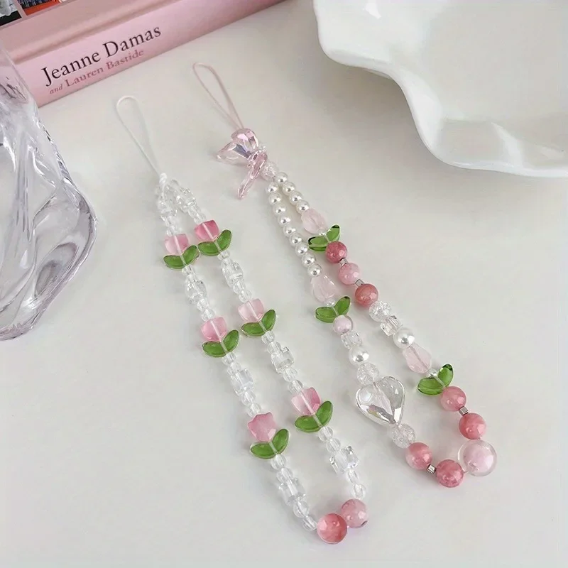 Cute Peach Beaded Phone Charm Strap