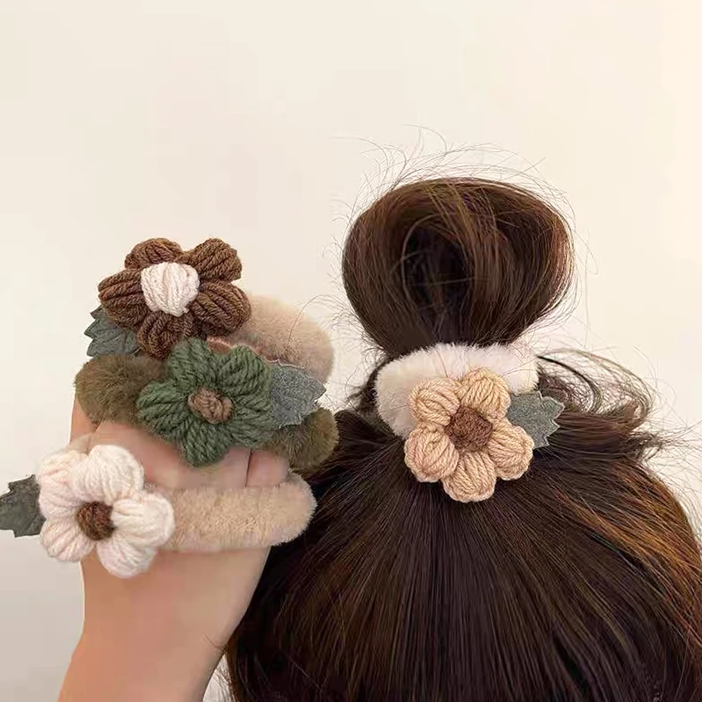 Fashion Plush Hair Scrunchies with Flower Charms