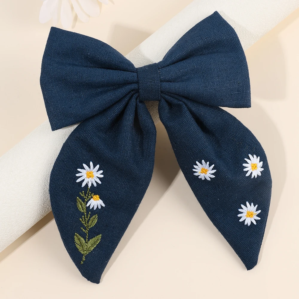 Floral Embroidered Bow Hair Clips