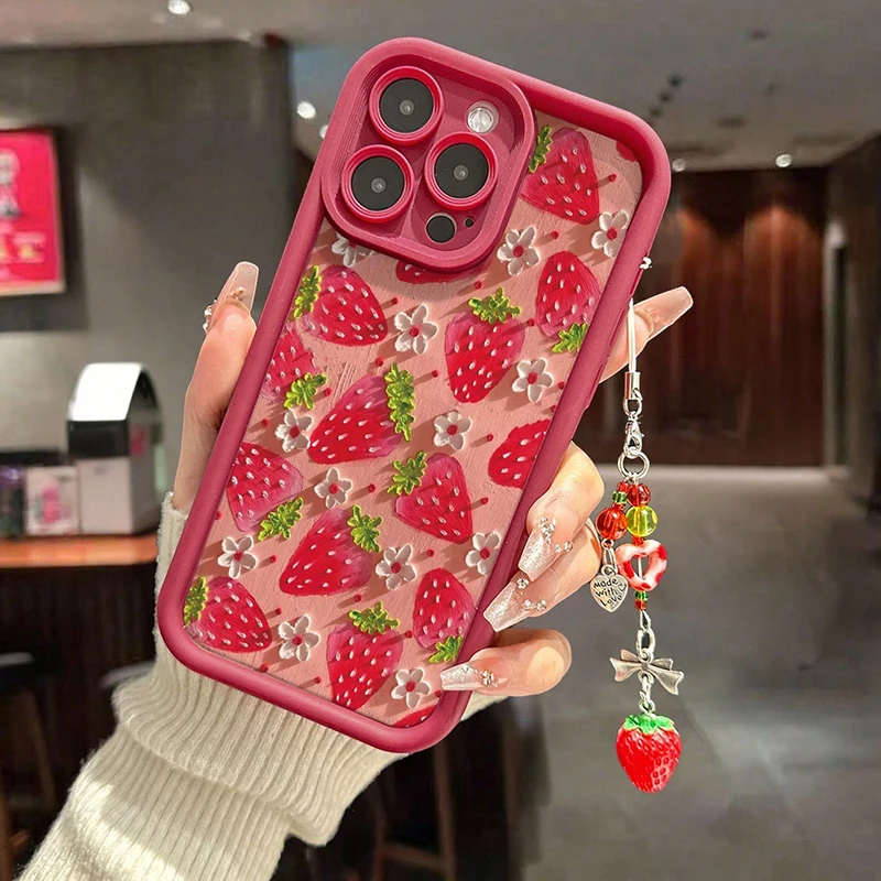 Colorful Flower Strawberry Pendant Phone Case
