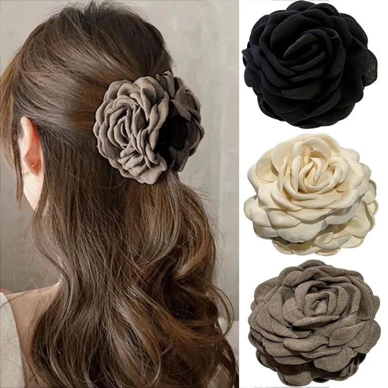 French Fabric Rose Hair Claw Clips