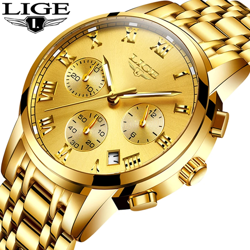 LIGE Men’s Luxury Quartz Gold Watch