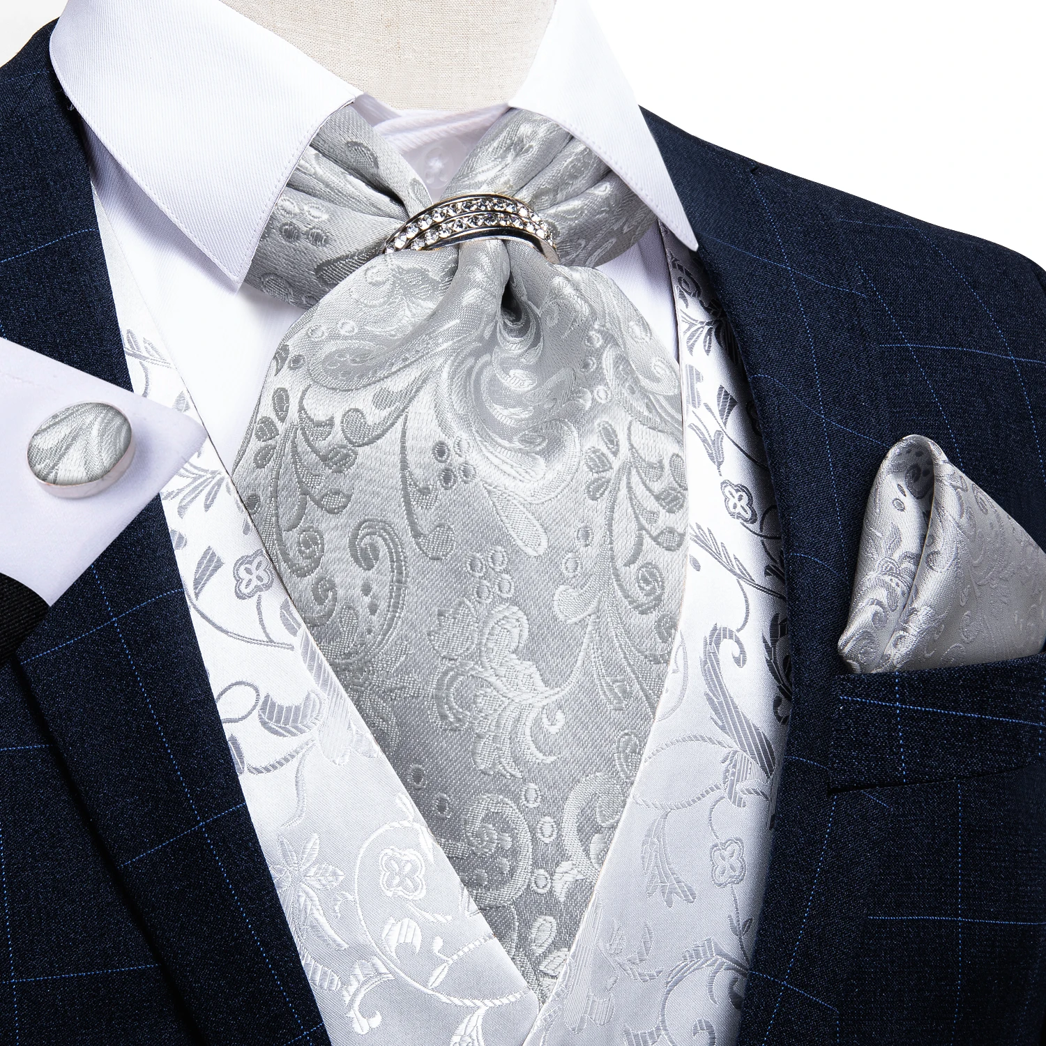 Luxury Silver Paisley Ascot Tie Set