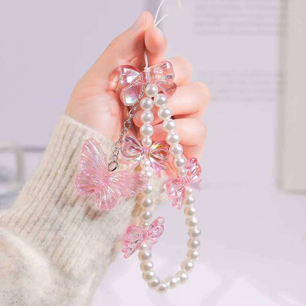 Pink Butterfly Pearl Bow Phone Chain