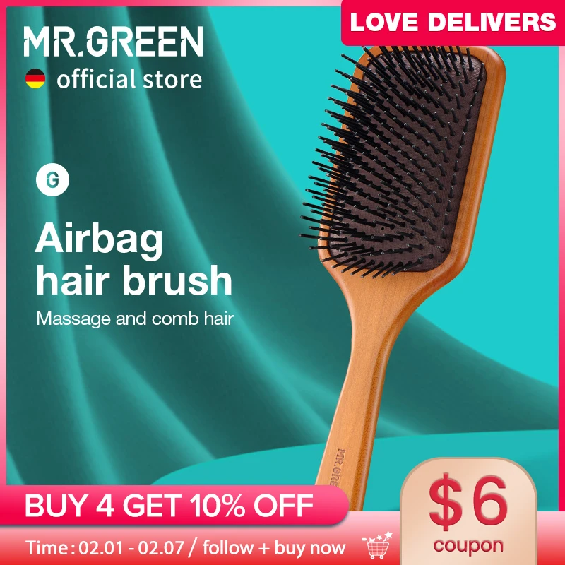 MR.GREEN Hair Brush Natural Maple Wide Board Massage Scalp Air Cushion Fine Tooth Comb For Curly Long Hair Women Men