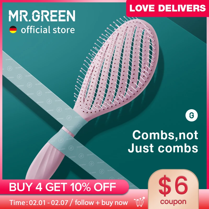 MR.GREEN Hollow Out Hair Brush Scalp Massage Combs Hair Styling Detangler Fast Blow Drying Detangling Tool Wet Dry Curly Hair