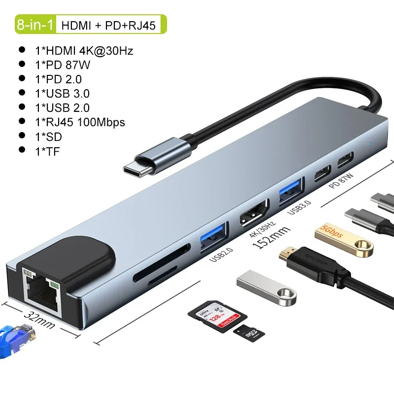 محول USB C متعدد الوظائف 8 في 1