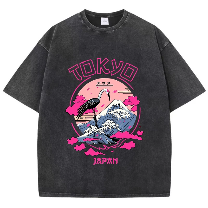 Vintage Womens Acid Wash T-Shirts Tokyo Harajuku Printing Tees Crewneck Cotton Oversized Short Sleeve Fashion Female Clothes